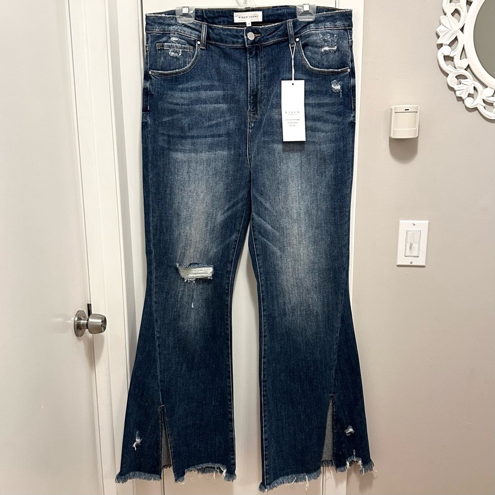Risen High Rise Front Slit Frayed Hem Dark Flare Jeans Womens 2XL distressed NWT - Picture 3 of 10